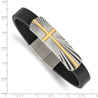 Stainless Steel Polished Yellow IP Cross Black Leather w/.5in ext Bracelet