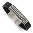 Stainless Steel Antiqued and Polished Black Leather w/.5in ext 8in Bracelet