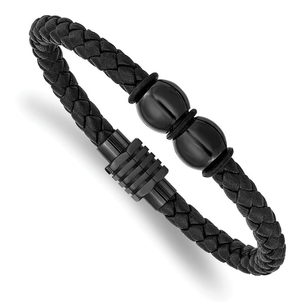 Stainless Steel Polished Black IP Black Rubber and Leather 8.25in Bracelet