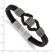 Stainless Steel Antiqued & Polished Black Leather w/.5in ext 8in Bracelet