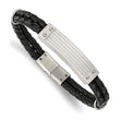 Stainless Steel Polished Black Woven Leather 2 Strand 8.25in Bracelet
