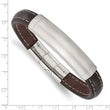 Stainless Steel Brushed Dark Brown Leather w/.5in ext 8in ID Bracelet