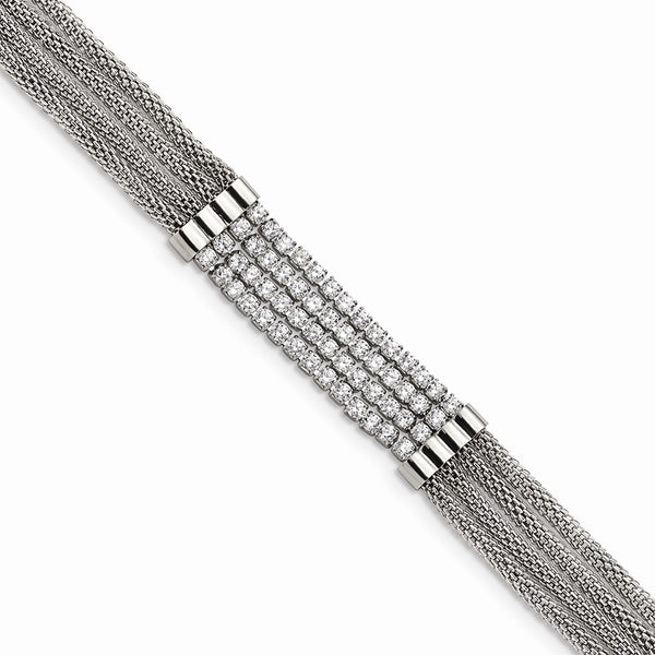 Stainless Steel Polished with CZ Multi Strand w/1.5in ext 6.5in Bracelet