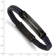 Stainless Steel Polished Black IP Navy Blue Leather w/.5in ext 8in Bracelet