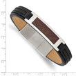 Stainless Steel Polished with Wood Inlay Black Leather w/.5in ext Bracelet