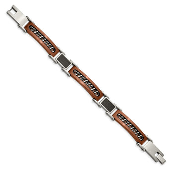 Stainless Steel Brushed/Polished Brown IP CarbonFiber Inlay 8.5in Bracelet