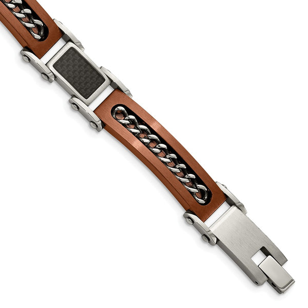 Stainless Steel Brushed/Polished Brown IP CarbonFiber Inlay 8.5in Bracelet