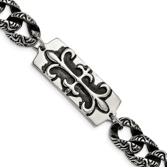 Stainless Steel Antiqued Fleur de Lis 9in Bracelet