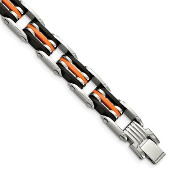 Stainless Steel Black & Orange Rubber 8.5in Bracelet