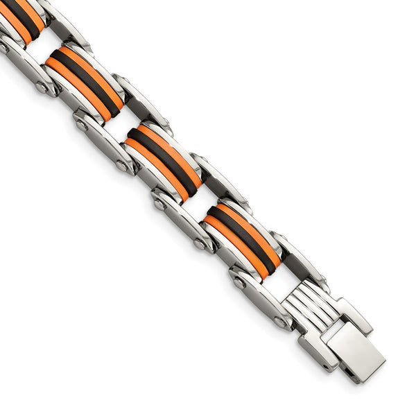Stainless Steel Black & Orange Polyurethane 8.75in Bracelet