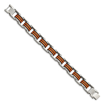 Stainless Steel Black & Orange Polyurethane 8.5in Bracelet