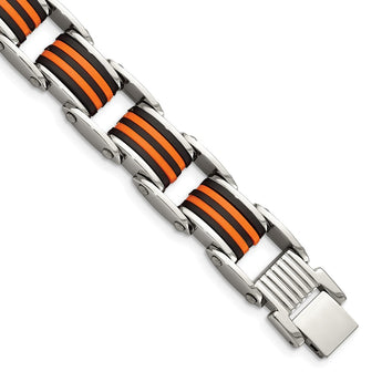 Stainless Steel Black & Orange Polyurethane 8.5in Bracelet