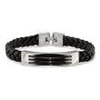 Stainless Steel Black Leather & Acrylic 8.5in Bracelet