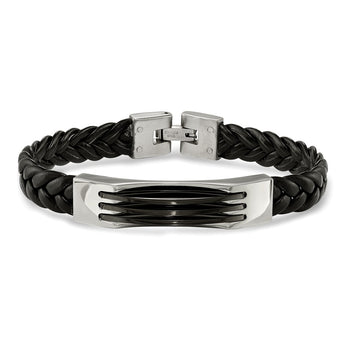 Stainless Steel Black Leather & Acrylic 8.5in Bracelet