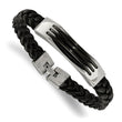 Stainless Steel Black Leather & Acrylic 8.5in Bracelet