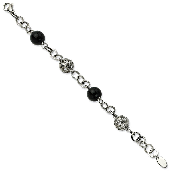 Stainless Steel Black Onyx & Cutout Beads 7.75in Bracelet