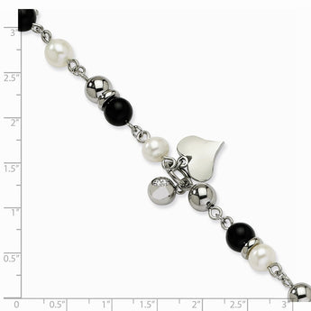 Stainless Steel Onyx/FW Cultured Pearl/Crystal 8in Bracelet