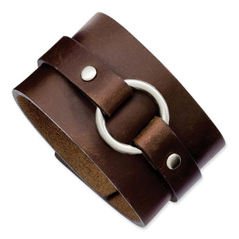Stainless Steel Brown Leather 8.75in Bracelet