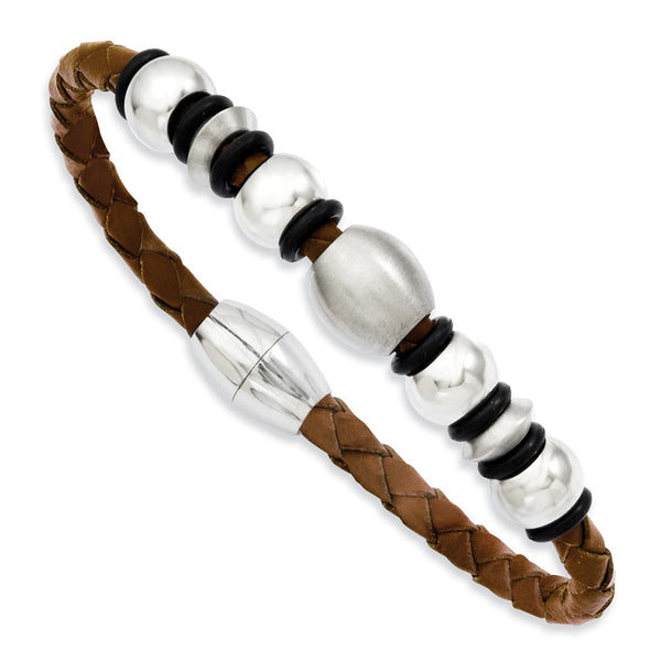 Stainless Steel Brown Leather with Beads Bracelet