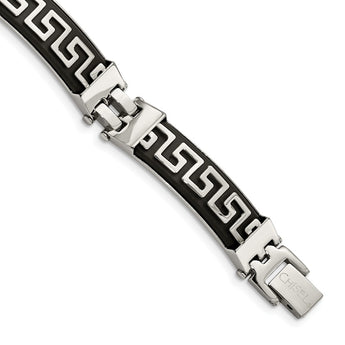 Stainless Steel Black Rubber w/Greek Key Design 8in Bracelet