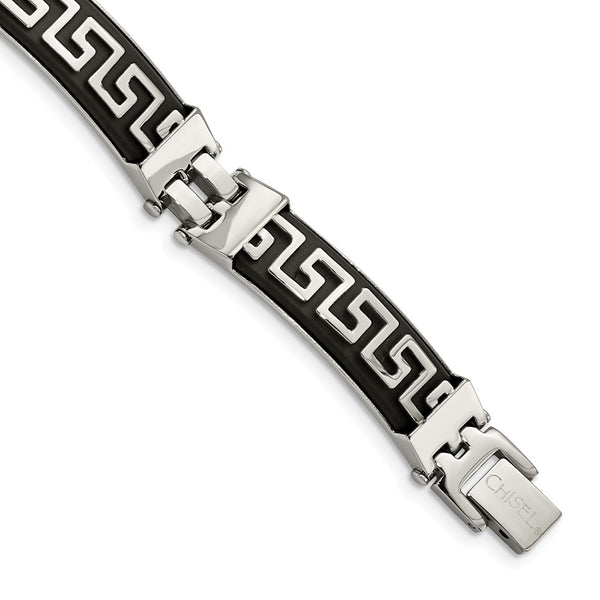 Stainless Steel Black Rubber w/Greek Key Design 8in Bracelet