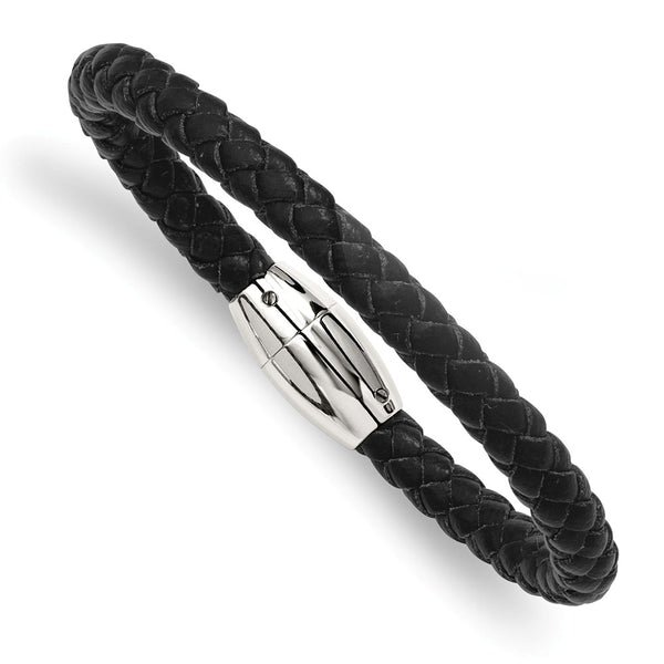 Stainless Steel Black Leather 8.5in Bracelet