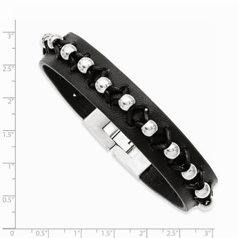 Stainless Steel Black Leather with Polished Beads Bracelet