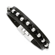 Stainless Steel Black Leather with Polished Beads Bracelet