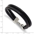 Stainless Steel Black Leather Double Row 8.5in Bracelet