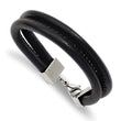 Stainless Steel Black Leather Double Row 8.5in Bracelet