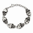 Stainless Steel Antiqued Skulls 8.5in Bracelet
