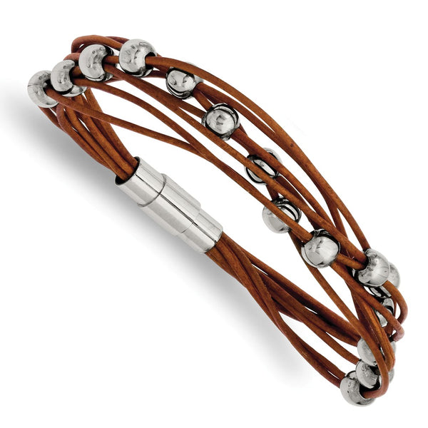 Stainless Steel Polished Beads & Brown Leather 7.5in Bracelet