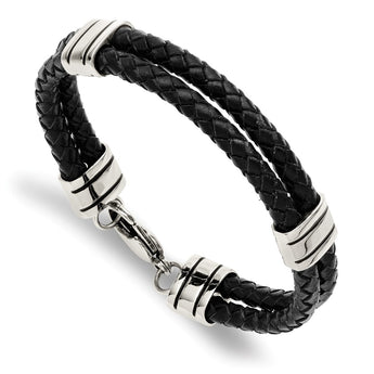 Stainless Steel Black Leather 9in Bracelet