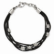 Stainless Steel Black Leather & Polished Beaded Multi Strand Bracelet