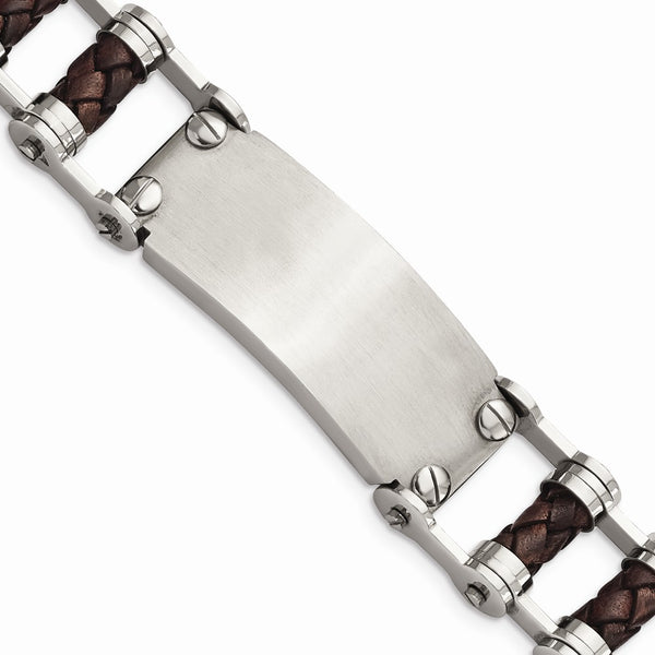 Stainless Steel Brown Leather with ID plate Bracelet