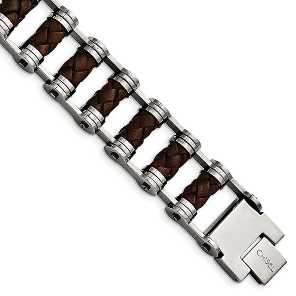 Stainless Steel Brown Leather 8.75in Bracelet