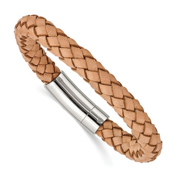 Stainless Steel Light Tan Leather 8.5in Bracelet