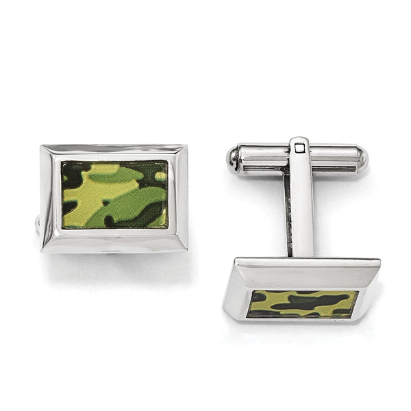 Stainless Steel Polished Printed Green Camo Under Rubber Cufflinks