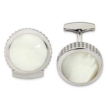Stainless Steel Polished Studded Round Mother of Pearl Cufflinks