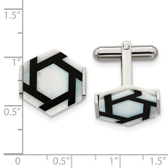 Stainless Steel Polished Hexagon Mother Of Pearl/Blk Agate Cufflinks