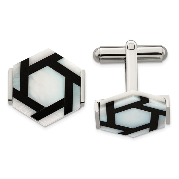 Stainless Steel Polished Hexagon Mother Of Pearl/Blk Agate Cufflinks