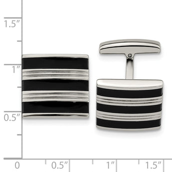 Stainless Steel Polished Grooved Black Rubber Stripes Cufflinks
