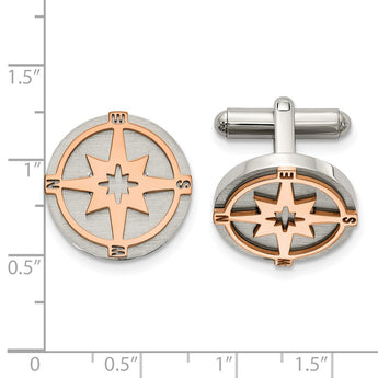 Stainless Steel Brushed and Polished Rose IP-plated Compass Cufflinks