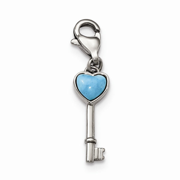 Stainless Steel Polished Imitation Turquoise Heart Key with Lobster Clasp C - Birthstone Company