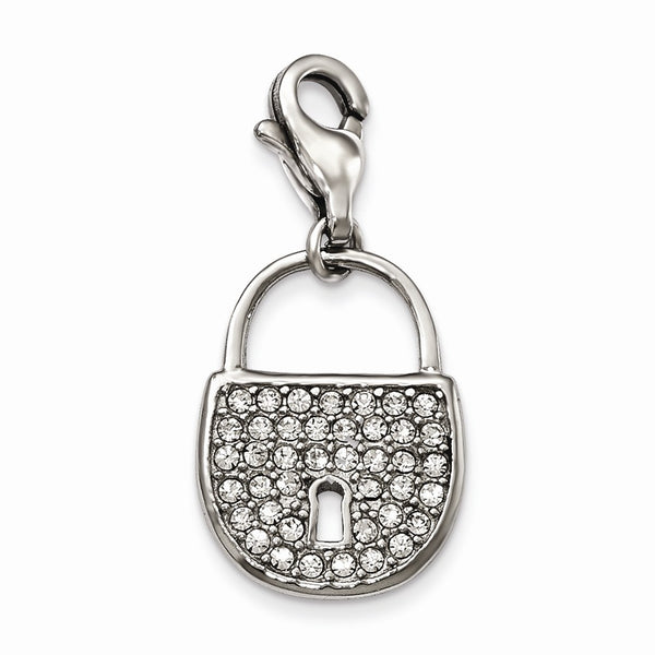 Stainless Steel Polished and Crystal Lock with Lobster Clasp Charm - Birthstone Company