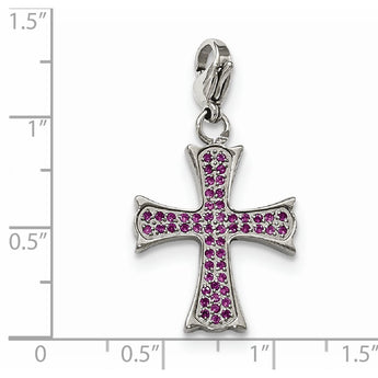 Stainless Steel Polished Red CZ Cross with Lobster Clasp Charm