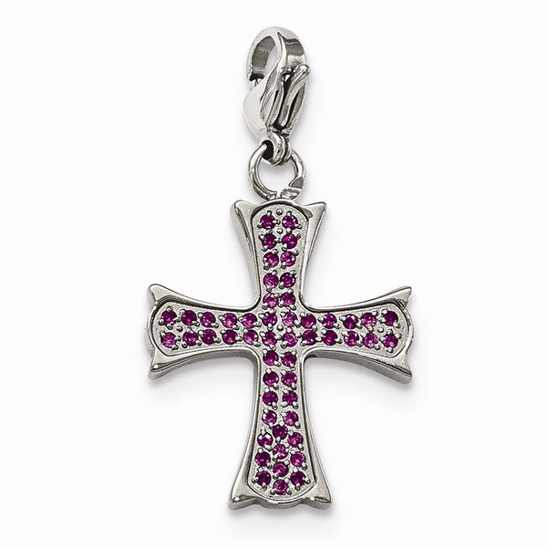 Stainless Steel Polished Red CZ Cross with Lobster Clasp Charm