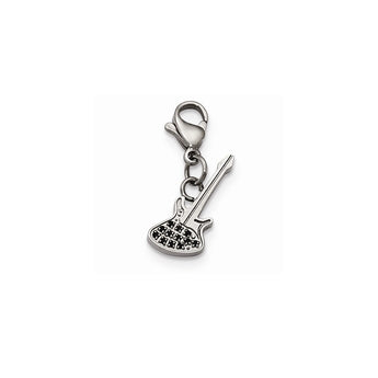 Stainless Steel Polished Black CZ Guitar with Lobster Clasp Charm