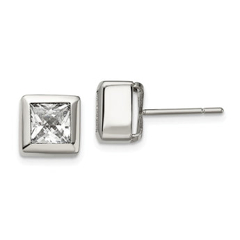 Stainless Steel Polished Square CZ Post Earrings