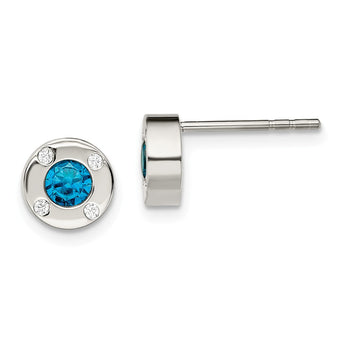 Stainless Steel Polished Blue and Clear CZ Post Earrings